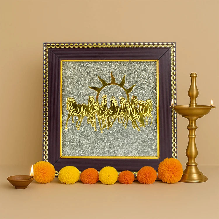 Mantra Abhimantrit 7 Horses Ashirbad Raw Pyrite Frame for Vastu & Prosperity